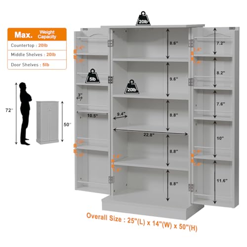 Furnaza LED Kitchen Pantry Storage Cabinets - 50 Inch Food Cabinets Buffet Cupboards with 2 Doors and Shelves Adjustable for Small Space in Dinning Room, Living Room, in Grey Furnaza