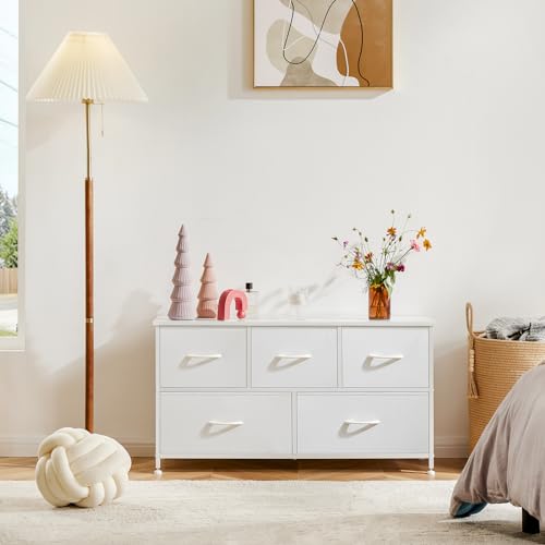 DUMOS Dresser for Bedroom, 5 Storage Drawers, Wide Fabric Closet Chests Organizer Tower Furniture with Wooden Top Metal Frame for Clothes, Guest Room, Living Room, Hallway, Entryway DUMOS