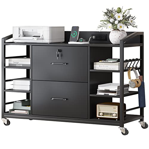 SEDETA 44" File Cabinet, Filing Cabinet fits Legal/Letter Size, 2 Drawer File Cabinets for Home Office with Lock, Power Strip, 6 Storage Shelves, Rustic Brown SEDETA