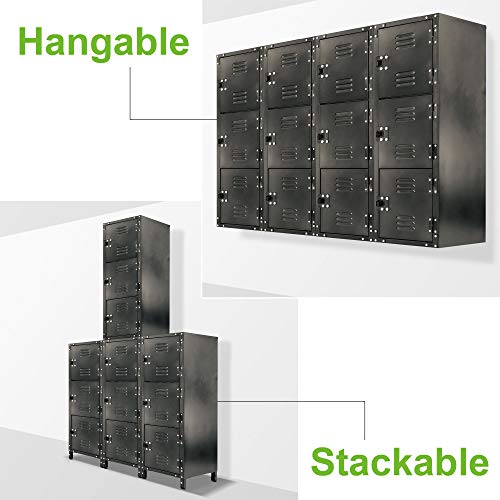 AllSpace 3 Doors, Grey Metal Storage Locker, Slim Organizer Steel Cabinet, Lockable, 39" Height, Stackable for Home, Office, Gym, Kids Room 450112ET, Black Allspace