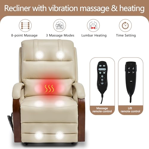 EZZUP Power Lift Recliner Chair for Elderly, Dual Motor Lift Chair with Vibration Massage and Lumbar Heat, Lay Flat Recliner with Solid Wood Armrest, Standing Assistance Reclining, Faux Leather Beige
