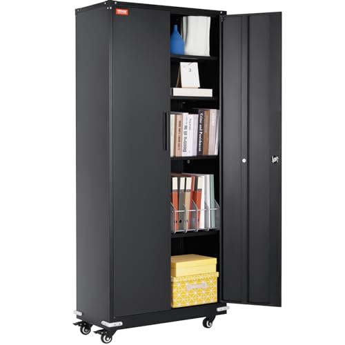 VEVOR Metal Storage Cabinet with Wheels, 75 in Locking Cabinet with 4 Adjustable Shelves & 2 Magnetic Doors, 200 lbs Capacity per Shelf, Metal Cabinet with 3 Keys for Home, Office, Garage, Black VEVOR