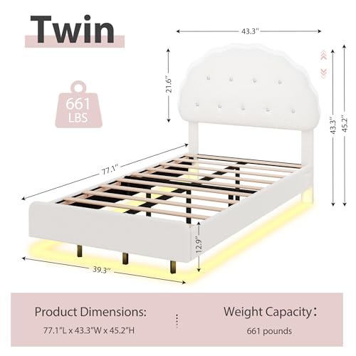 Decofy Cookie Twin Upholstered Bed Frame with LED Lights, Floating Bed Frames with Adjustable Headboard and Raised Footboard for Princess/Prince Bedroom, Teddy Velvet(White) Decofy
