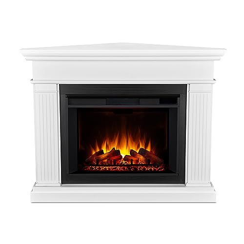 Real Flame Kennedy Grand Corner Electric Fireplace with Mantel for Living Room or Bedroom, Replaceable Fireplace Insert Heater, Realistic Log and Flame Effect, Remote Control, Timer, White Real Flame