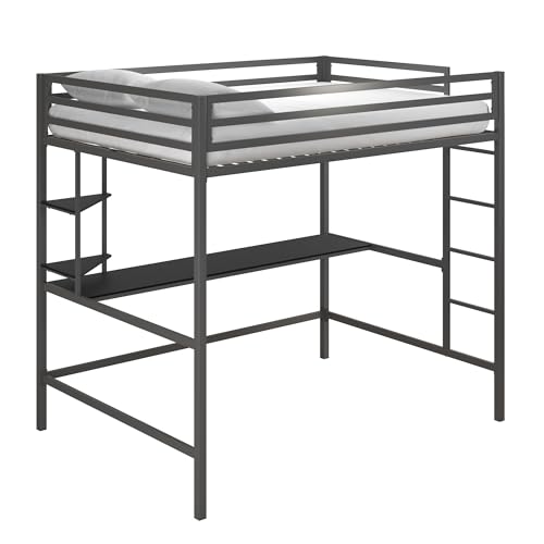 Novogratz Maxwell Grey/Black Metal Full Loft Bed with Integrated Desk & Shelves Novogratz