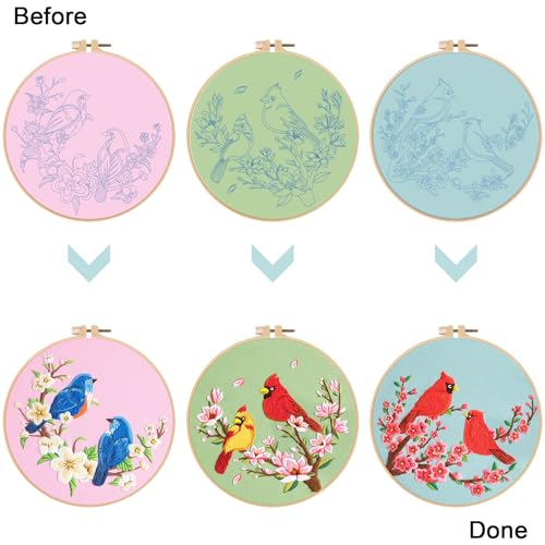 Nuberlic 3 Pack Embroidery Kit for Beginner Adults, Cross Stitch Set with Cardinal & Blue Bird Patterns, Includes Cloth, Hoops, Threads, Needles, Instructions