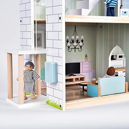 Giant bean Wooden Dollhouse 2.6 feet High with Elevator, Doorbell, Light,15 Pieces Furnitures and 3 Dolls, Toy Gift for Girls Ages 3-7+ Giant bean