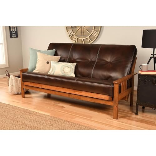 HomeStock Full Size Futon Frame with Mattress - Hardwood Sofa Bed Convertible 79" Oregon Trail Java/Without Storage Drawers HomeStock