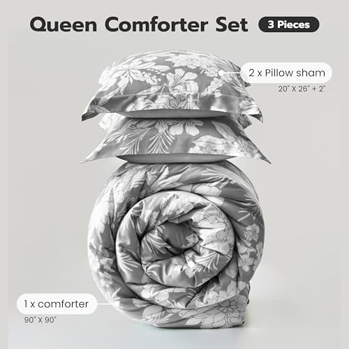 Joiedomi Queen Comforter Set Grey, 3 Pieces Floral Queen Bedding Set with 1 Soft Reversible Botanical Flower Comforter and 2 Pillow Shams, Bed in a Bag for All Seasons Joiedomi
