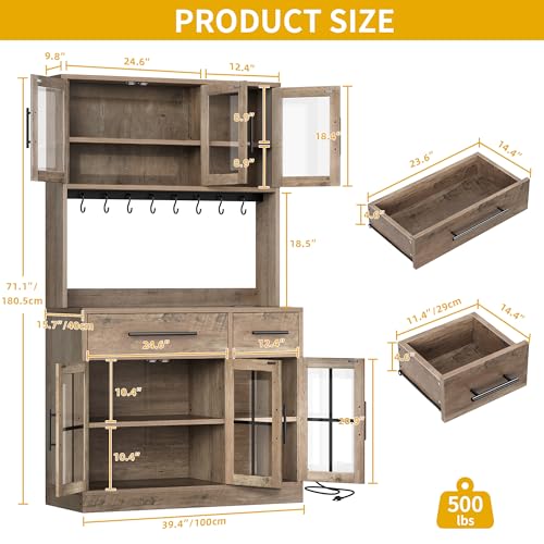 DWVO 71'' Tall Kitchen Pantry Storage Cabinet with Charge Station, Farmhouse Glass Display Food Pantry Hutch with Microwave Stand & Hooks & Drawers & Shelves for Home Living Dining Room, Lvory Grey DWVO