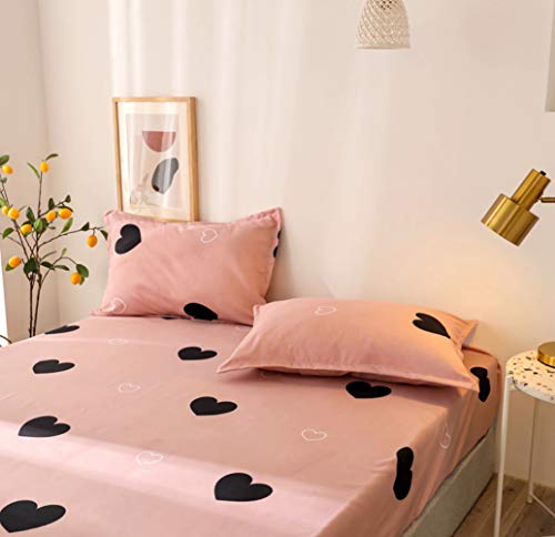 Girls Cute Heart Pattern Fitted Sheet for Kids Queen Size Lovely Pink Black Bedroom Decor Bed Sheet Set Girly Cartoon Love Geometric Bedding Set Children Modern Design Bed Cover with 2 Pillow Case Feelyou