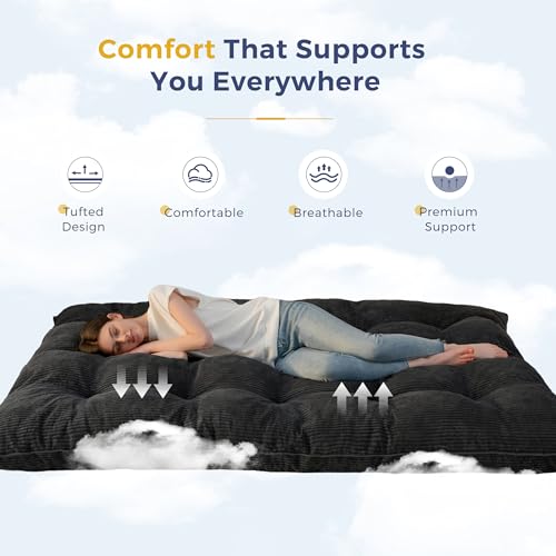 MAXYOYO 6" Japanese Floor Mattress, Foldable Futon Mattress Full Size, Tufted Roll Up Floor Bed, Thick Tatami Mat Sleeping Pad Portable Lounger for Camping Guest Room Dormitory Bedroom RV, Black MAXYOYO