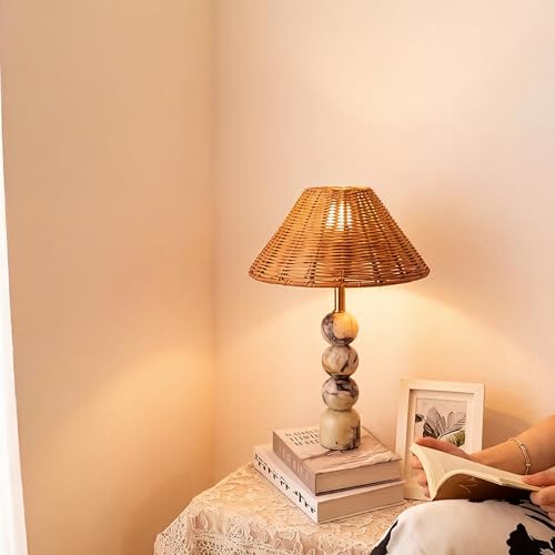 Calacatta Marble Stacked Ball Table Lamp - Hand-Woven Rattan Shade, 15" Stone Margot Artistic Vintage Lamp Luxury for Bedroom Living Room, Counter, Console, Entryway, Gift (Calacatta Viola Marble) BSOD