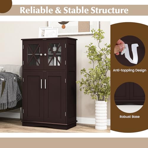 Tangkula Bathroom Storage Cabinet, Freestanding Floor Cabinet w/2 Glass Doors, 3-Level Adjustable Shelves, Anti-toppling Design, Kitchen Pantry Cupboard for Bathroom Living Room (Cabinet, Brown) Tangkula