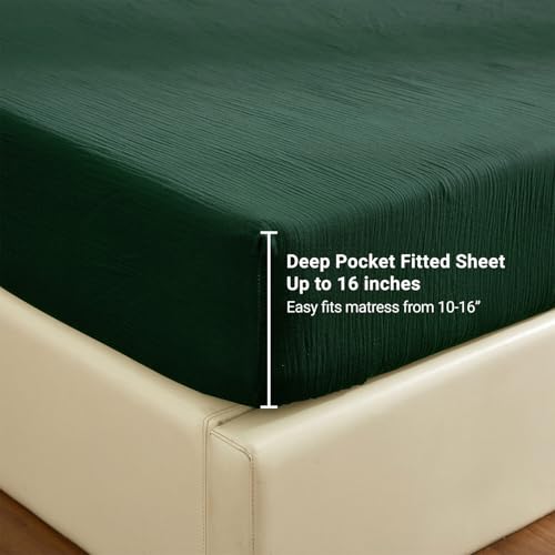 100% Muslin Cotton Emerald Green Fitted Sheet Twin Only with 16" Elastic Deep Pocket, 1 Pack Soft Breathable Absorbent Gauze Single Fitted Bottom Sheet, Minimalist Fluffy Wrinkle Mattress Protector YASMENG
