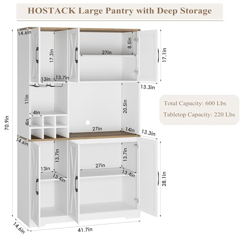 HOSTACK Kitchen Pantry Storage Cabinet, 71" Tall Food Pantry Cabinet with Microwave Stand, Farmhouse Kitchen Hutch Cabinet, Coffee Bar Hutch with Wine Rack for Dining Room, Living Room, White HOSTACK