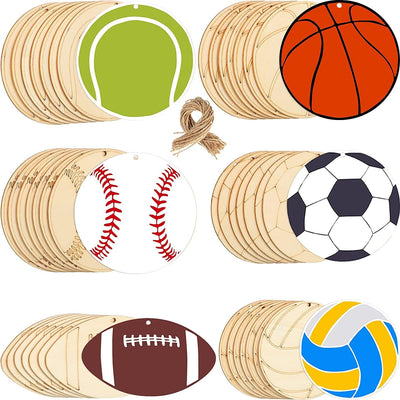 42 Pieces Sports Theme Wooden Cutouts Unfinished Wood Football Volleyball Baseball Basketball Soccer Tennis Shaped Wood Slices with Twines Wood