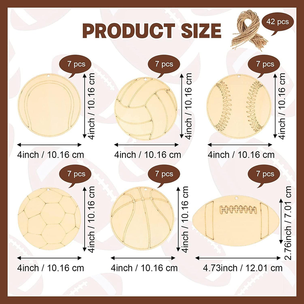 42 Pieces Sports Theme Wooden Cutouts Unfinished Wood Football Volleyball Baseball Basketball Soccer Tennis Shaped Wood Slices with Twines Wood WoodArtSupply