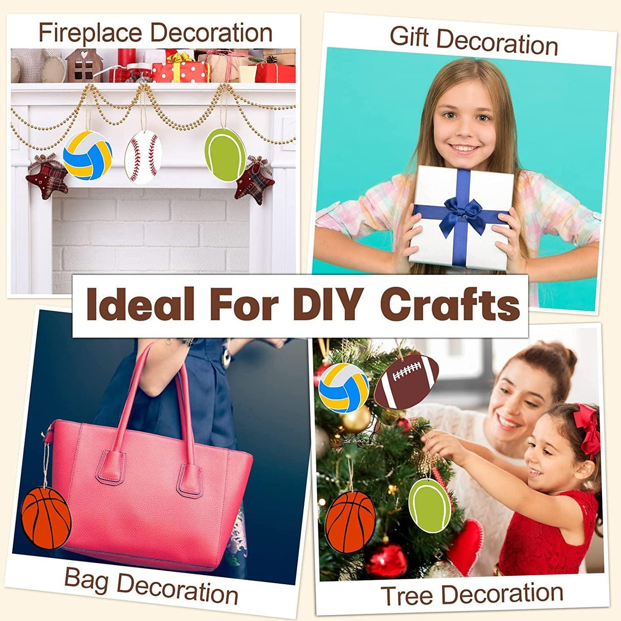 42 Pieces Sports Theme Wooden Cutouts Unfinished Wood Football Volleyball Baseball Basketball Soccer Tennis Shaped Wood Slices with Twines Wood WoodArtSupply