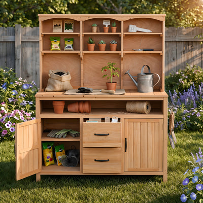 TOPMAX Large Fir Wood Potting Bench with Hutch, Cabinets & Drawers