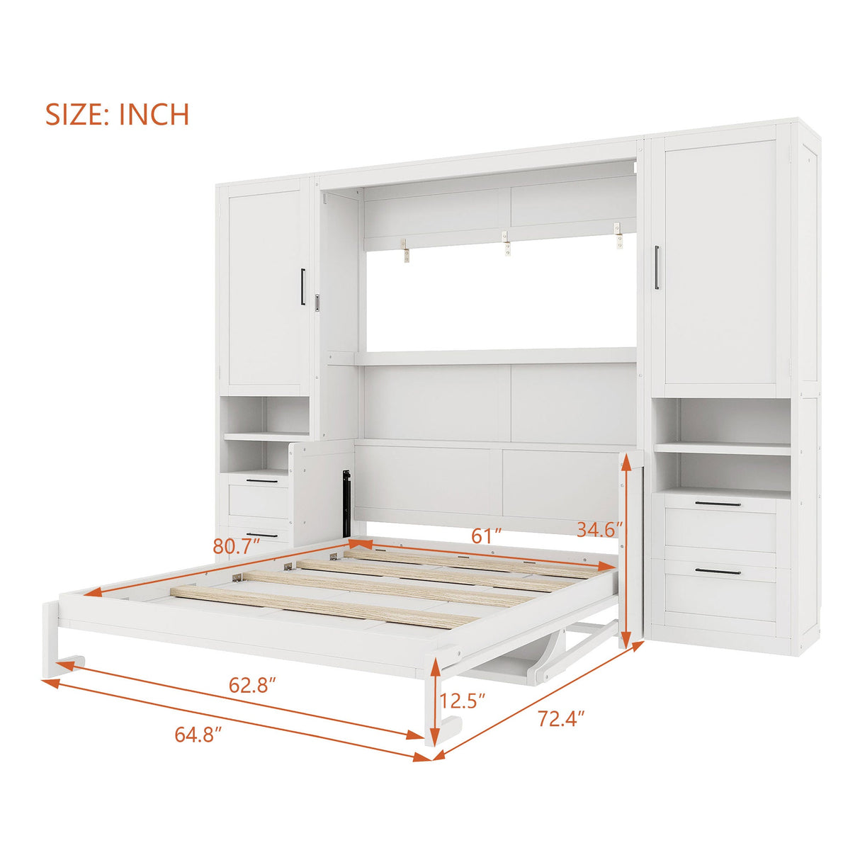 Queen Size Murphy Bed Wall Bed with Closet, Drawers and Shelves, White