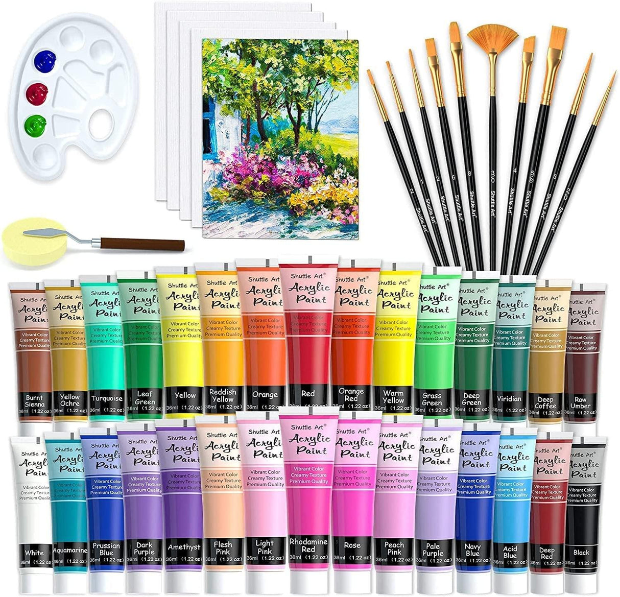48 Pack Acrylic Paint Set, 30 Colors Acrylic Paint (36Ml) with 10 Brushes 5 Canvas 1 Paint Knife 1 Palette 1 Sponge WoodArtSupply
