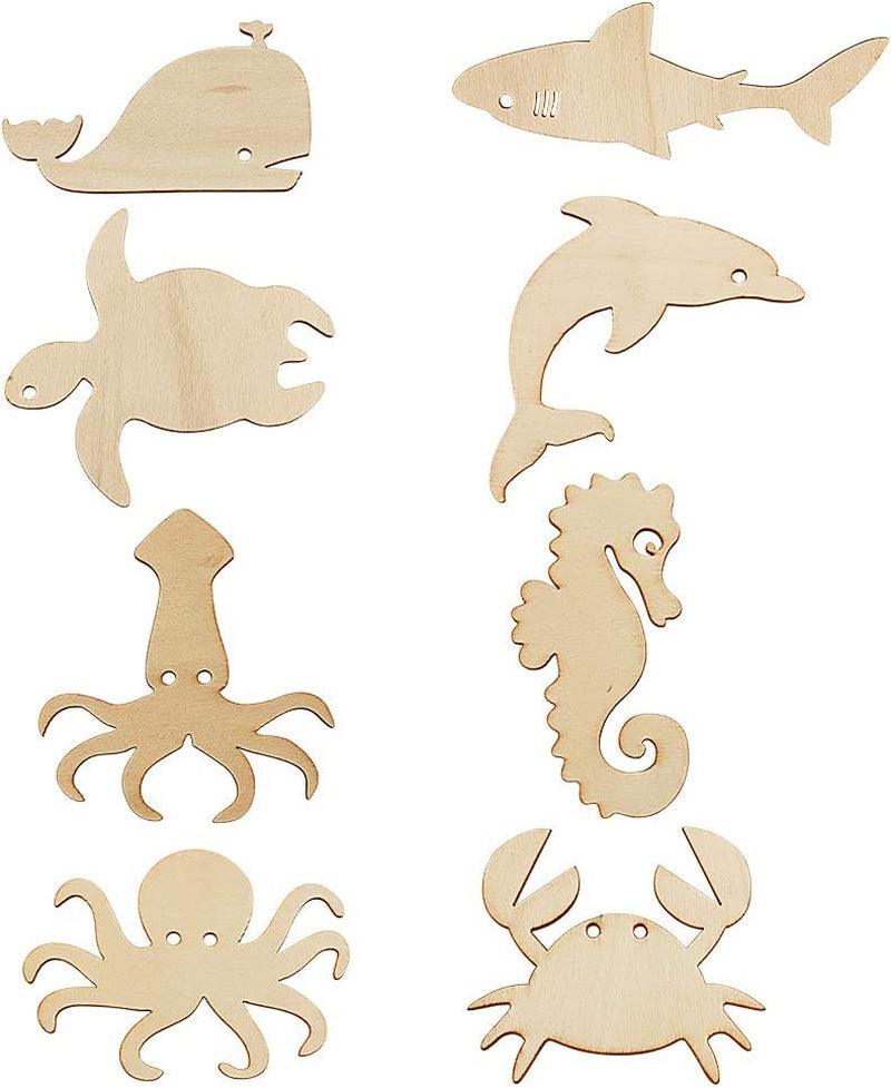48 Pack Unfinished Wooden Ocean Sea Animal Life Cutouts,Octopus,Shark,Whale,Dolphin,Turtle,Crab,Squid,Seahorse Shapes (6 Pcs/Shape) WoodArtSupply