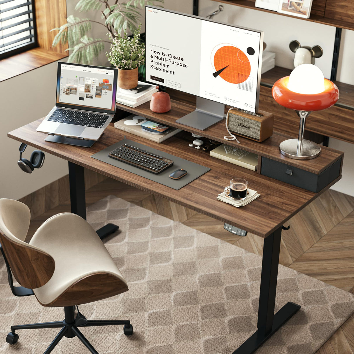 48 x 23 Inches Height Adjustable Electric Standing Desk with 2 Drawers, Stand Up Electric Desk Adjustable Height, Sit Stand Computer Gaming Table with Splice Board, Dark Walnut Agilestic