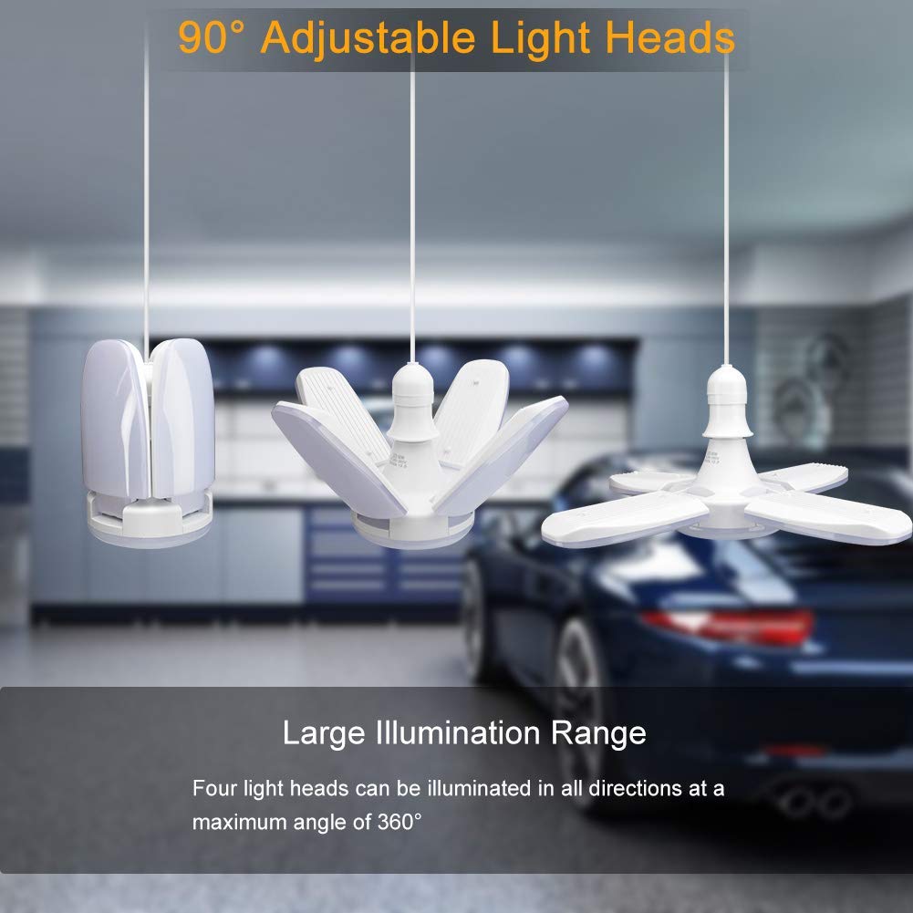(4 Pack) LED Garage Lights, 60W Trilights Ceiling, High Low Bay Deformable Adjustable 4 Led Light Bulbs 6000LM 6000K, Screw in Tribright Garage MACGO