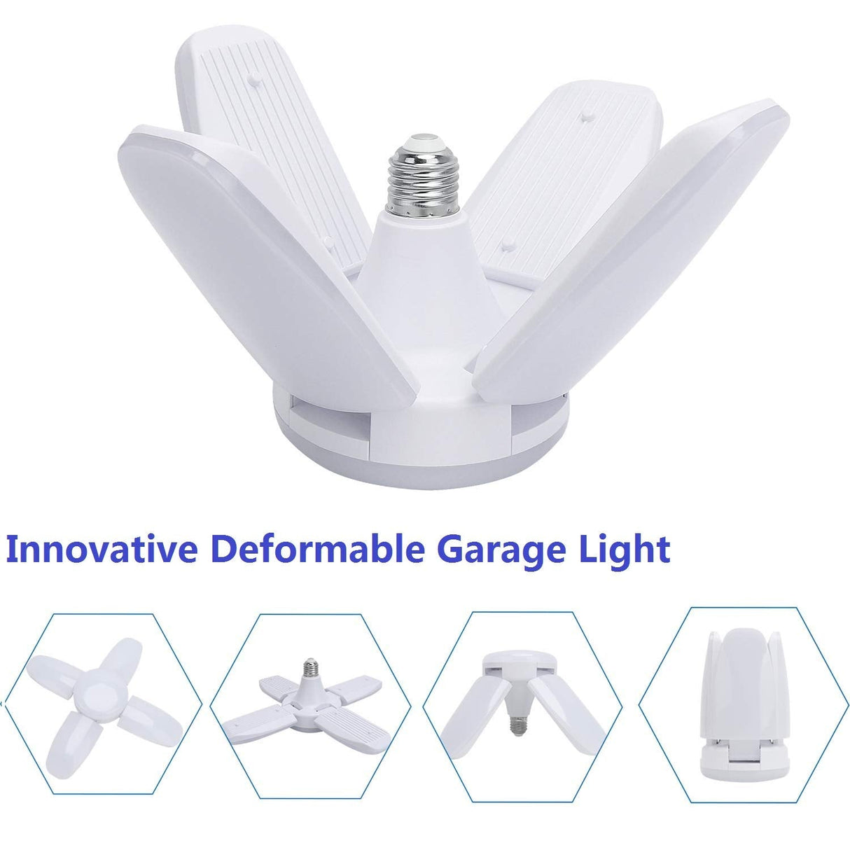 (4 Pack) LED Garage Lights, 60W Trilights Ceiling, High Low Bay Deformable Adjustable 4 Led Light Bulbs 6000LM 6000K, Screw in Tribright Garage MACGO