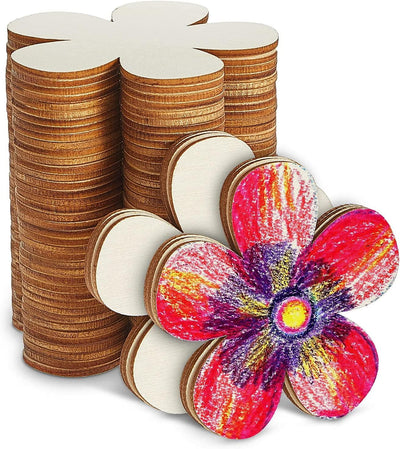50 Pieces 3 Inch Unfinished Wooden Flower Cutouts Discs Crafts Blank Shape Wood Ornaments Slices for DIY Projects Decoration