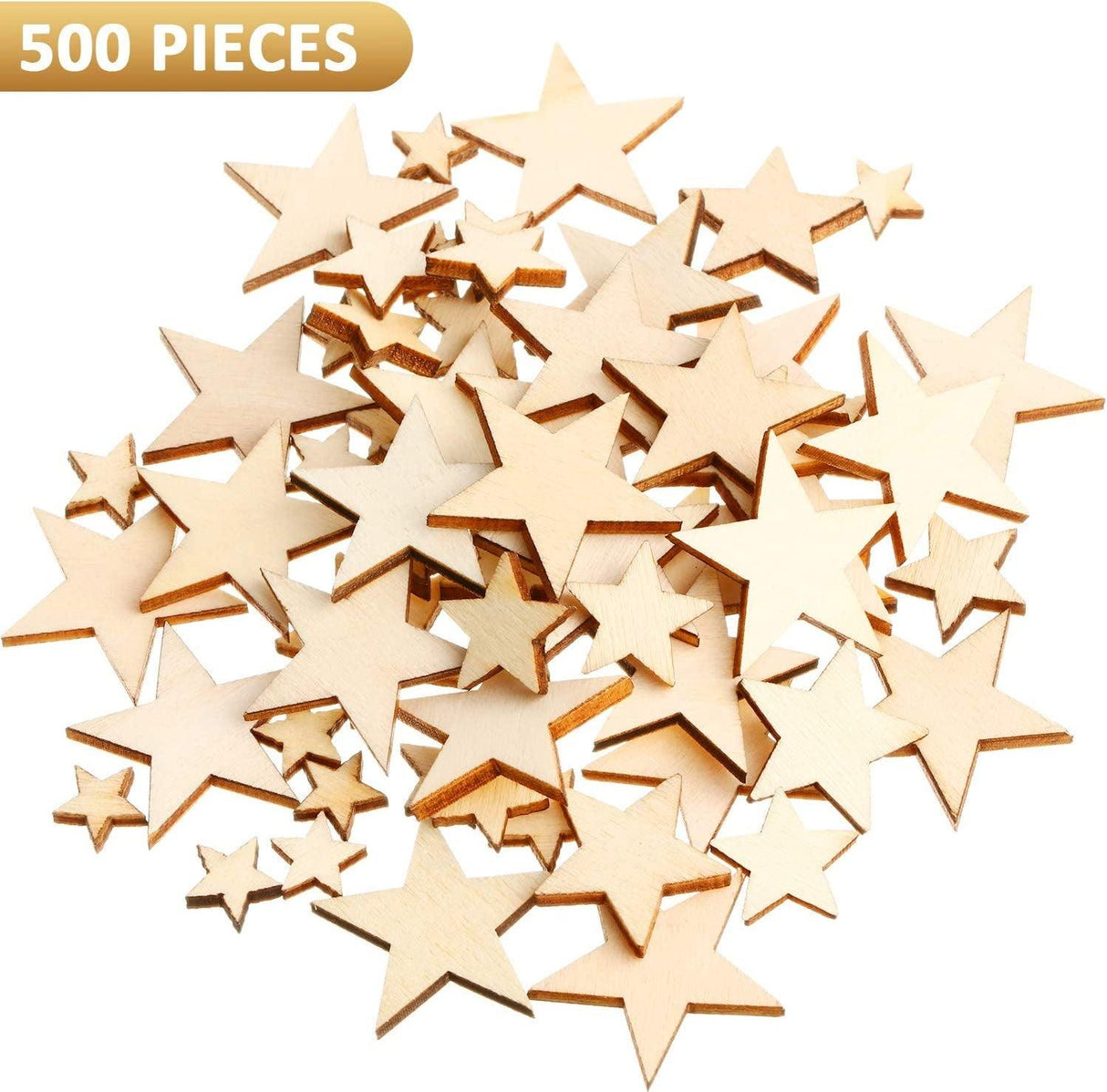 500 Pieces Wooden Star Slices Wood Cutouts Blank Star Shape Wood Unfinished Star Ornaments DIY Supplies, 5 Sizes WoodArtSupply