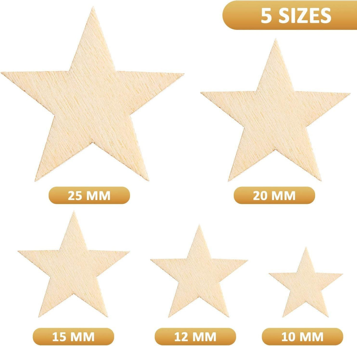 500 Pieces Wooden Star Slices Wood Cutouts Blank Star Shape Wood Unfinished Star Ornaments DIY Supplies, 5 Sizes WoodArtSupply