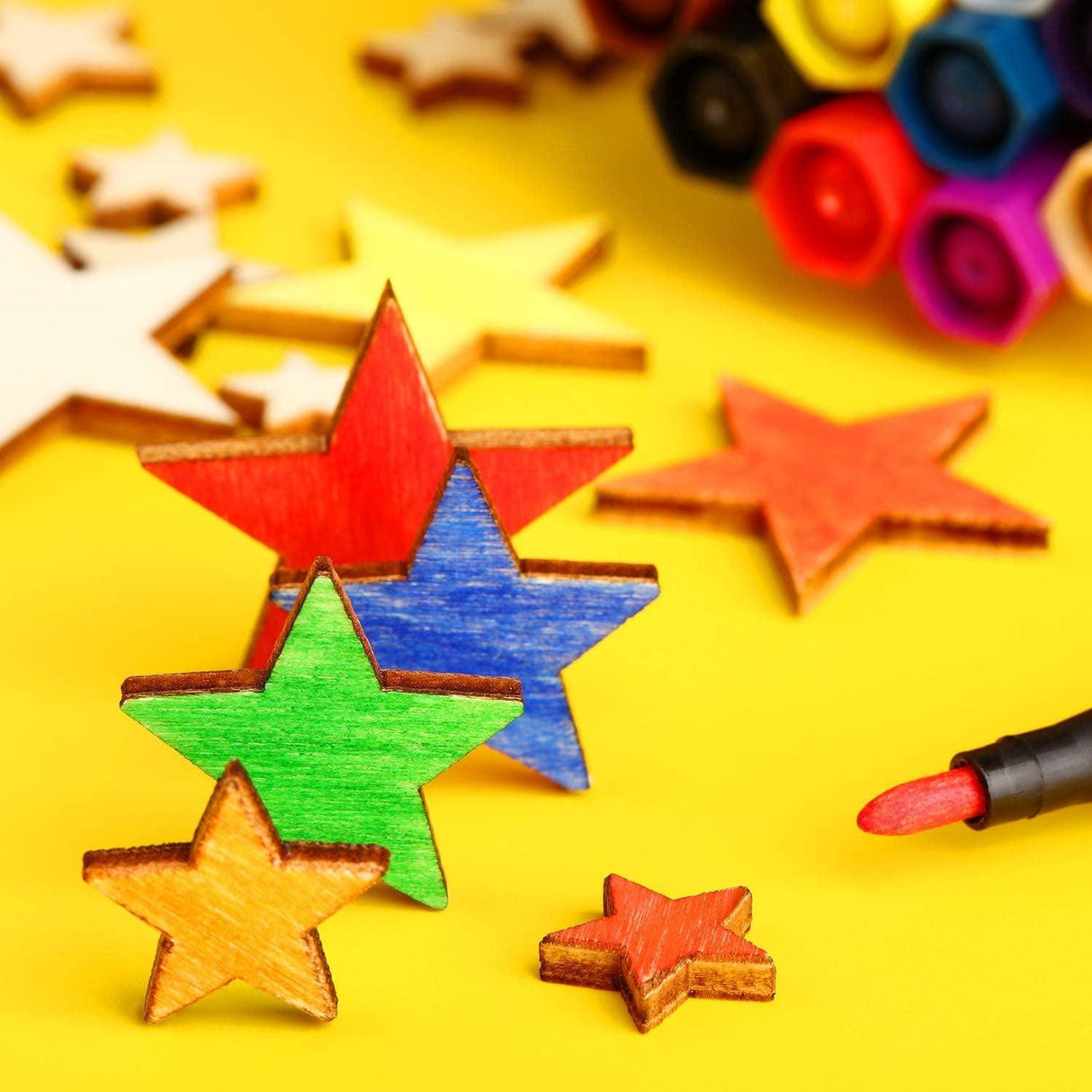 500 Pieces Wooden Star Slices Wood Cutouts Blank Star Shape Wood Unfinished Star Ornaments DIY Supplies, 5 Sizes WoodArtSupply