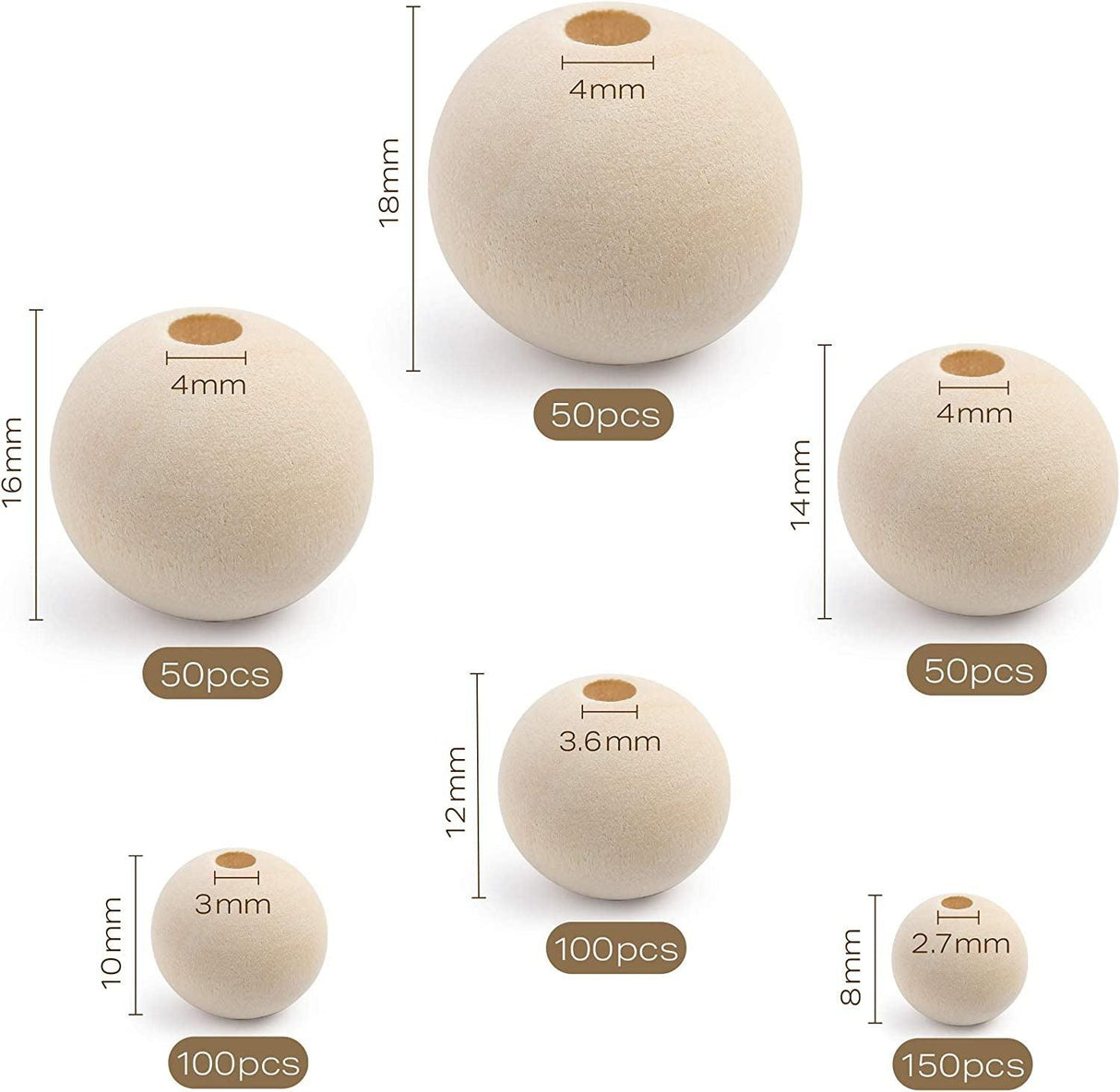 500Pcs Wooden Beads 6 Sizes Unfinished Natural Wood Crafts round Predrilled Balls Jewelry 8Mm 10Mm 12Mm 14Mm 16Mm 18Mm WoodArtSupply