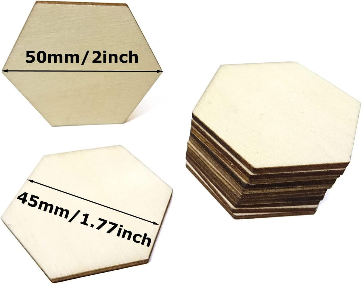 50PCS 50Mm/2Inch Hexagon Blank Unfinished Wood Slices for DIY Crafts, Home Decoration, Games WoodArtSupply