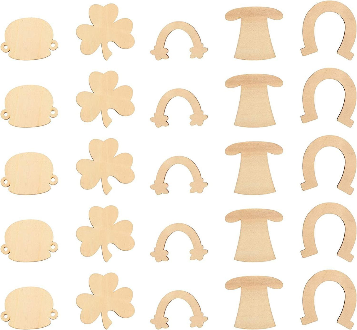 50Pcs St. Patricks Day Unfinished Wooden Blank Wooden Shamrock Horseshoe Rainbow Wood Cutouts WoodArtSupply