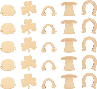 50Pcs St. Patricks Day Unfinished Wooden Blank Wooden Shamrock Horseshoe Rainbow Wood Cutouts