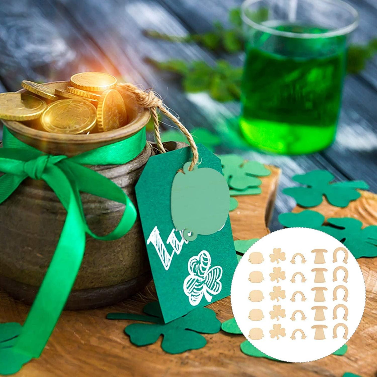 50Pcs St. Patricks Day Unfinished Wooden Blank Wooden Shamrock Horseshoe Rainbow Wood Cutouts WoodArtSupply