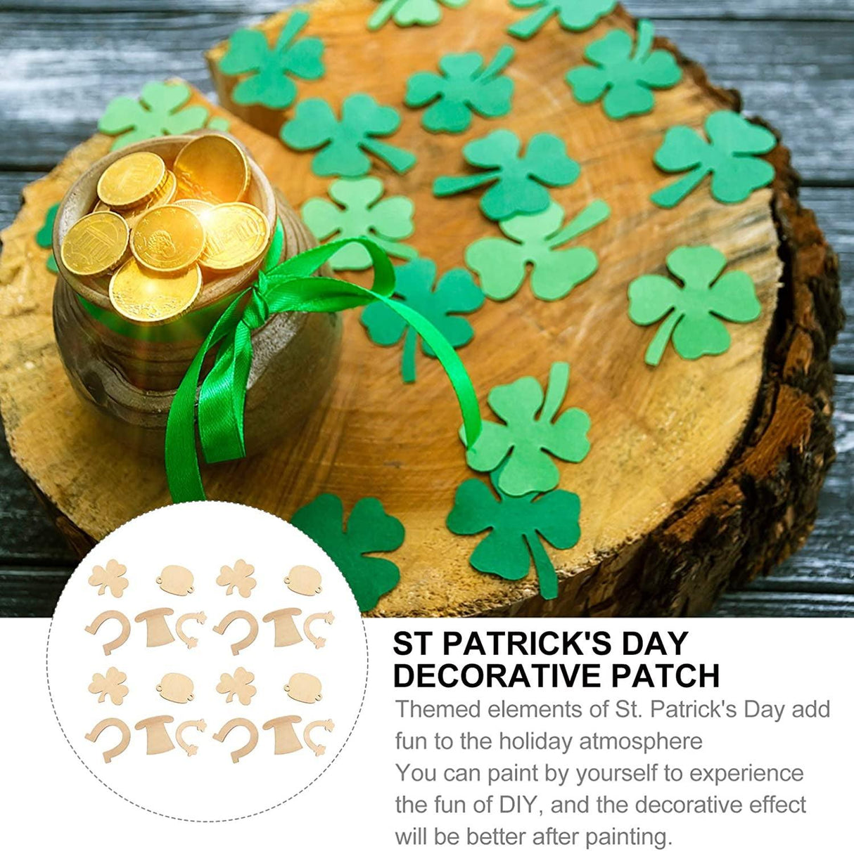 50Pcs St. Patricks Day Unfinished Wooden Blank Wooden Shamrock Horseshoe Rainbow Wood Cutouts WoodArtSupply