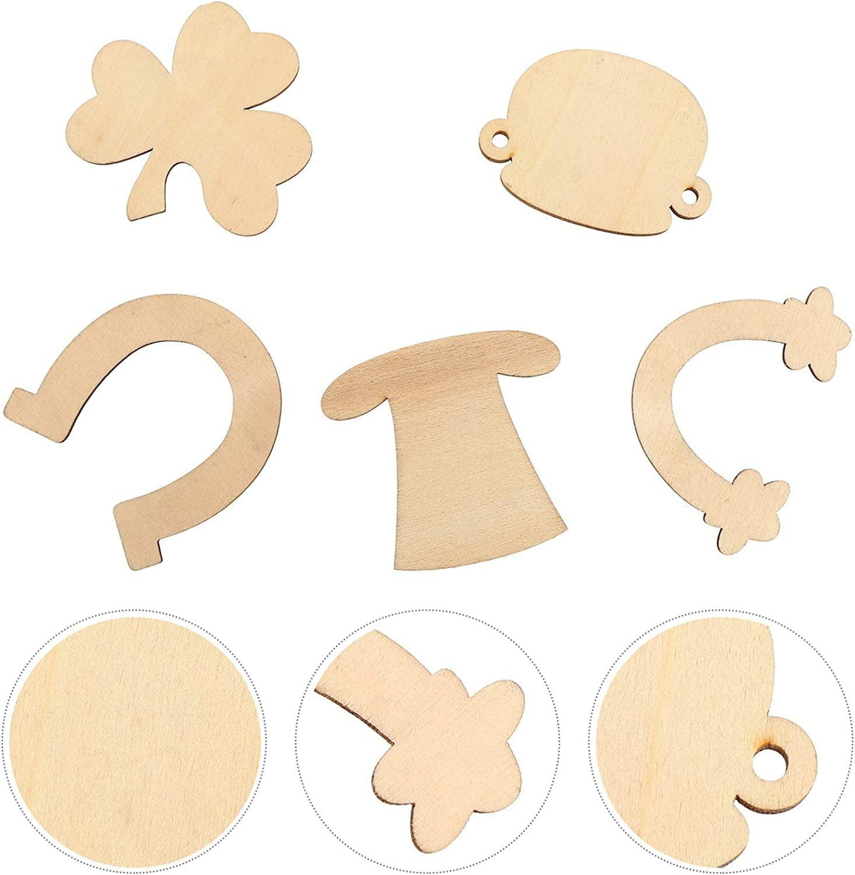50Pcs St. Patricks Day Unfinished Wooden Blank Wooden Shamrock Horseshoe Rainbow Wood Cutouts WoodArtSupply