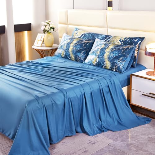 PERFEMET 6 Piece Blue Comforter Set Full Bed in A Bag Set Aesthetic Capri Blue and Gold Marble Bedding Set with Sheets Soft Luxury Watercolor Burning Mountain Printed Bedroom Sets(Capri Blue, Full) PERFEMET