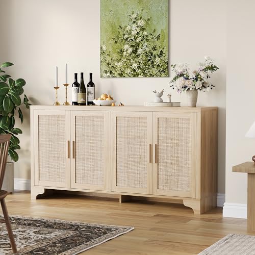 Garvee Natural Rattan Storage Cabinet with Shelves, 4-Door Sideboard Buffet Cabinet, Boho TV Stand Console Table for Living Room, Entryway, Dinning Room Garvee