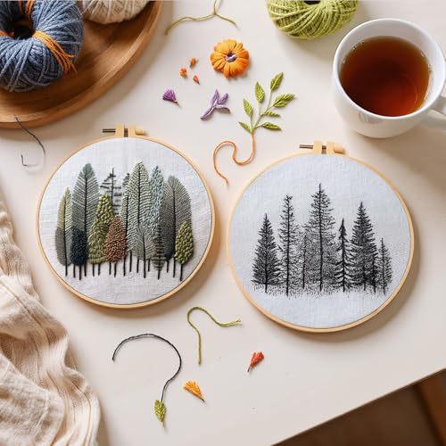 4 Pack Embroidery Kit for Adult - 15x15cm Pre-Stamped Tree Pattern Cross Stitch Kit with 5.91 Inch Bamboo Hoop, Floss, Needles - DIY Craft Kit for Home Decoration & Gift Giving