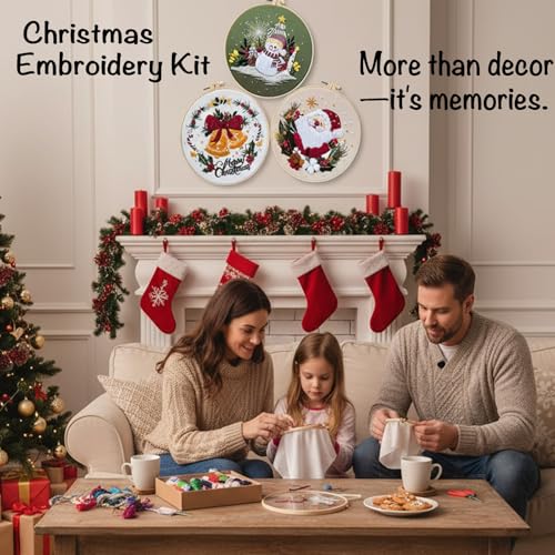 Nalexmi 3 Sets Christmas Embroidery Kits for Adults and Beginners, Cross Stitch with (Snowman, Santa Claus, Jingle Bell Patterns) Includes Needles, Threads, Tools