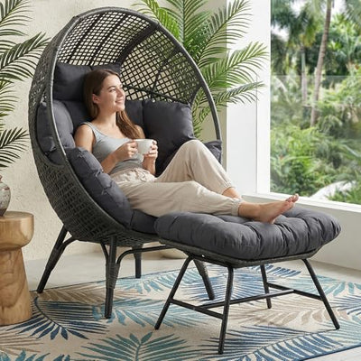 RADIATA Egg Chair with Footrest, Wicker Patio Lounger with Ottoman, Oversized Rattan Egg Shaped Chair with Leg for Indoor Outdoor Patio Balcony Garden (Grey)