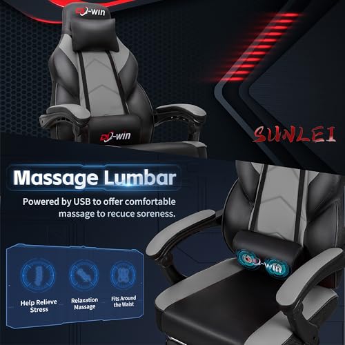 DL-win Gaming Chairs for Adults, Computer Chair with Footrest and High Back, Big and Tall Gamer Chair's with Massage Lumbar Support, 360° Swivel Height Adjustable Gaming Chair, Grey DL-win