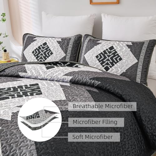Dintszyayue Boho Quilt Set King Size 3 Pieces Black Grey Aztec Texture Bedspread Coverlet Set Bohemian Quilt Bedding Set Microfiber Lightweight Bed Cover for All Seasons 90"×103" Dintszyayue