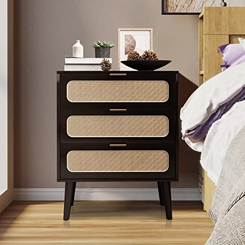 QHITTY Drawer Dresser Set of 2, Rattan Chest of Drawers with 3 Drawers Dresser, Accent Storage Cabinet Modern Bedside Table for Living Room, Bedroom, Entryway (Black) QHITTY