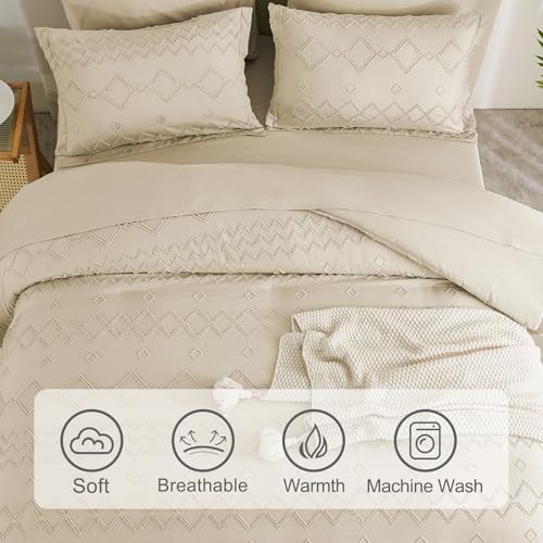 EMME Twin Comforter Set - 5 Pcs Beige Boho Bedding Sets, Tufted Comforter with Sheets, Shabby Chic Embroidery Twin Bed Set Fluffy Bed Bag for All Season(68"X90") EMME